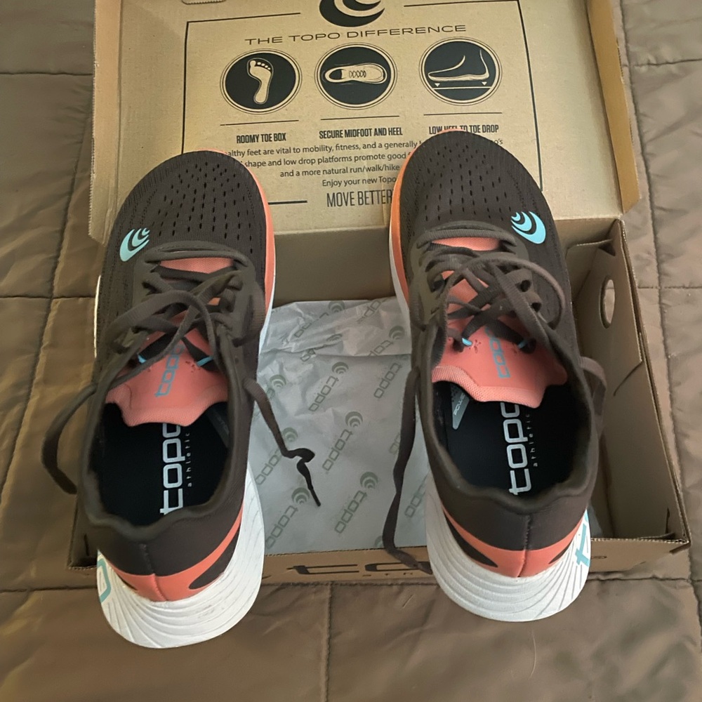 Topo Athletic Black and Coral Running Shoes worn a couple timeses